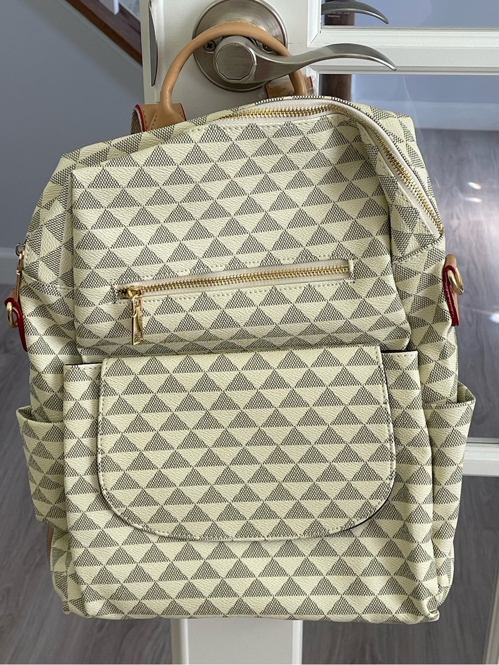 Neutral Geometric Backpack – Cream & Gray – Vegan Leather, Travel/Commuter
